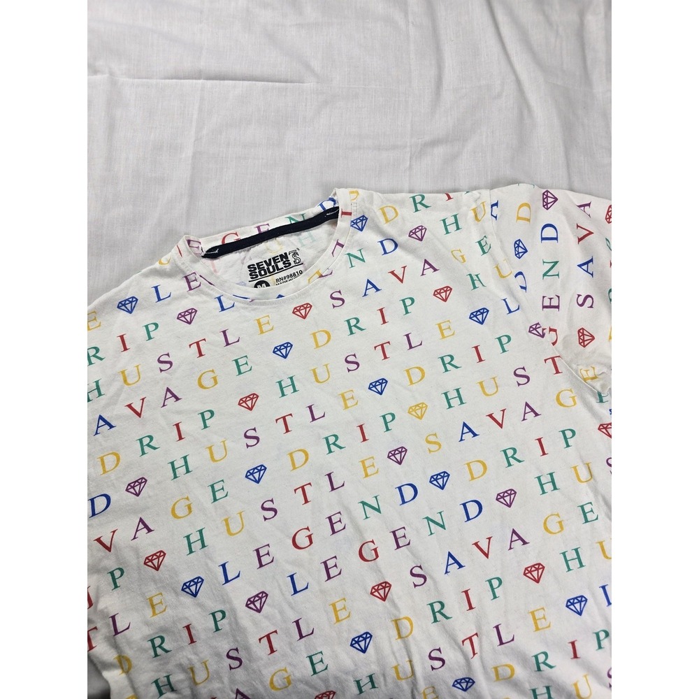 Seven Souls Shirt Mens Medium White Multicolor All Over Graphic‎ Streetwear Tee